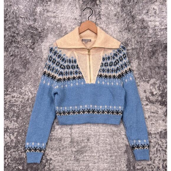 New J Crew Sweater XXS Womens Fair Isle Half Zip Blue Buttercream - Picture 1 of 9